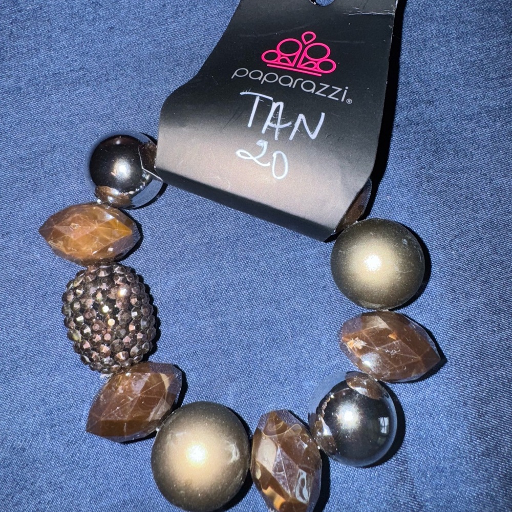 Paparazzi Tan and Silver Stretch Bracelet with Bold Beads
